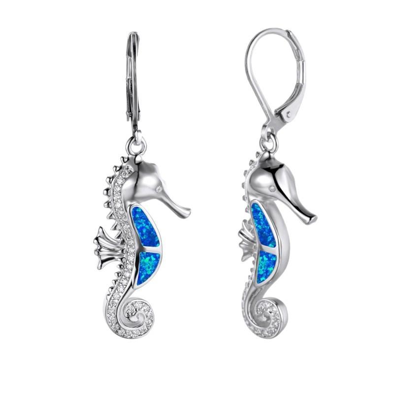 Wish Hot Ocean Wind Series Rose Gold White Gold Blue and White Opal Micro-set White Diamond Seahorse Versatile Earrings