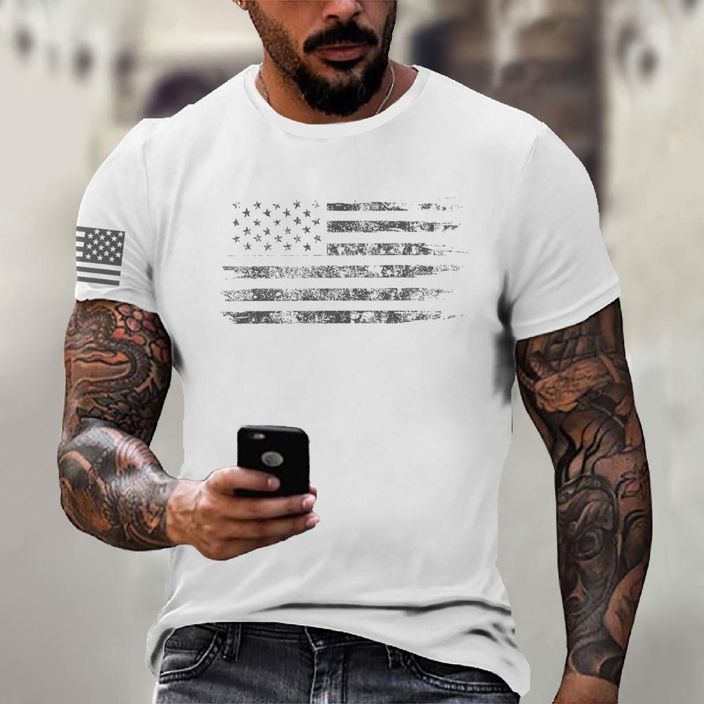 Men's Fashion Casual Short Sleeve Round Neck Independence Day Flag T-Shirt Top