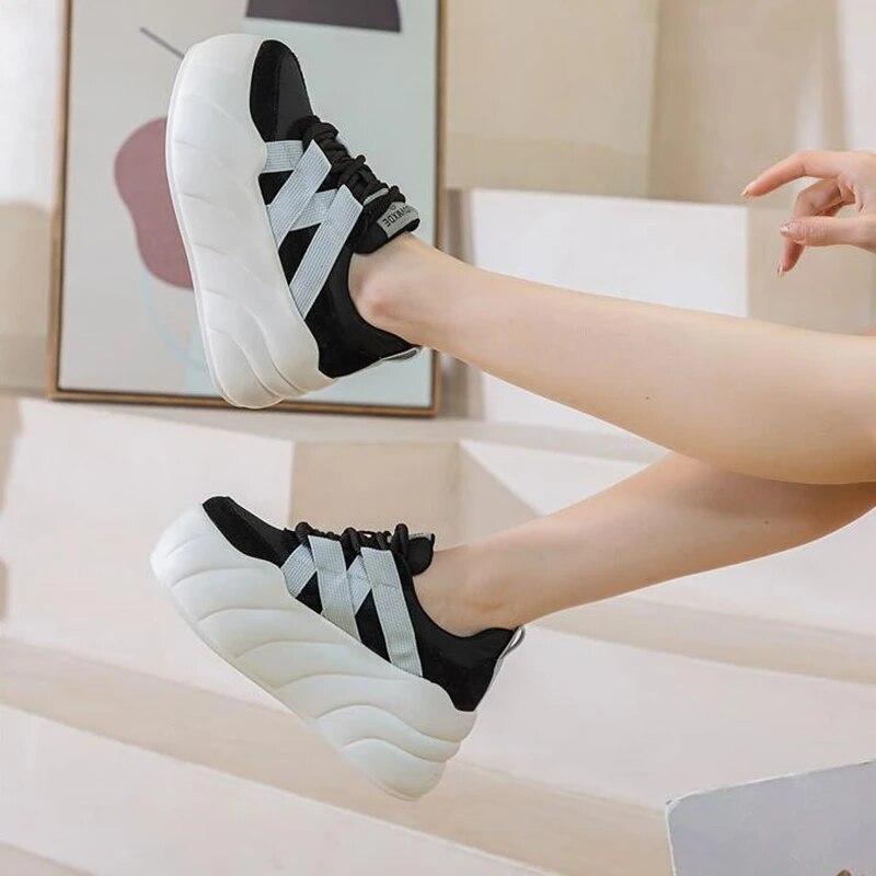 Женская повседневная обувь на плоской подошве и платформе, туфли на платформе 8 см, кроссовки на толстой подошве, женская обувь на шнуровке, весенняя модная повседневная обувь