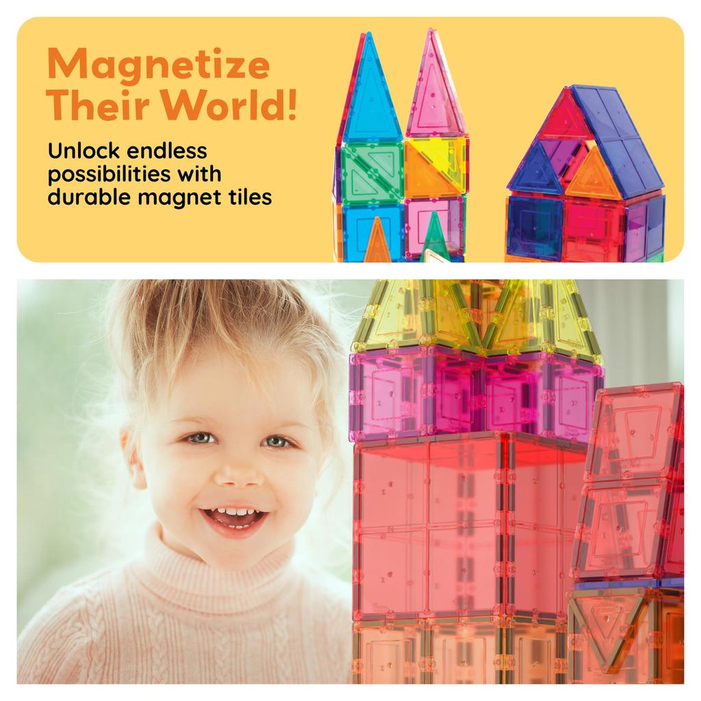 PicassoTiles Set of Magnetic Building Clear Magnetic 3D Building Blocks for Construction Playboards Unlock Your and More 60-Piece Tiles, - Creativity,