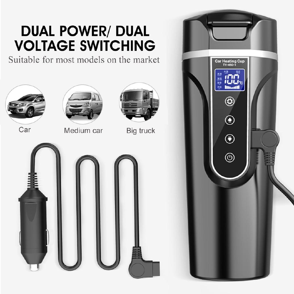 12В/24В Кружка для подогрева автомобиля из нержавеющей стали Электрическая чашка для воды ЖК-дисплей Температурный чайник Кофе Чай Молоко Подогретое 450 мл