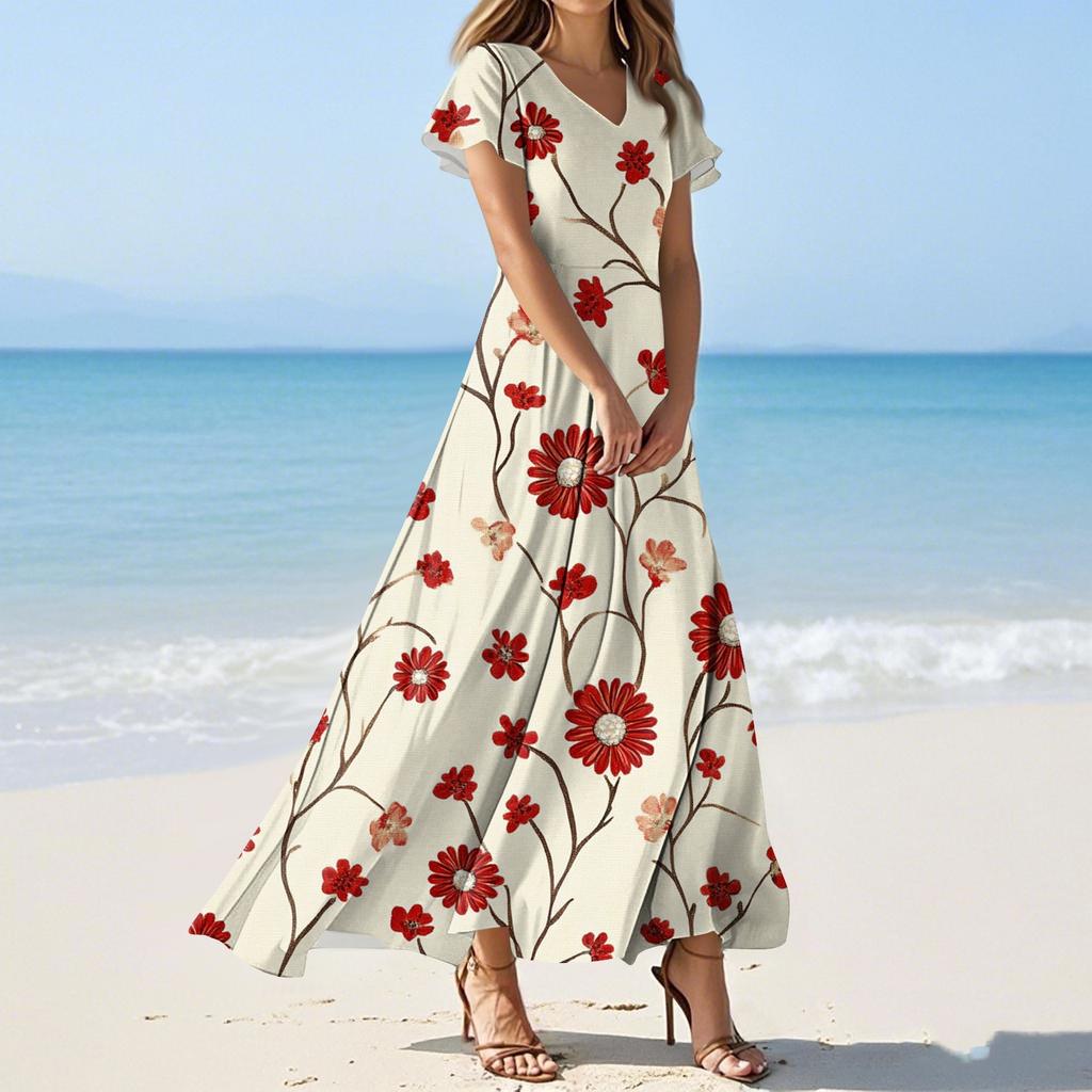 Женские летние повседневные модные платья с цветочным принтом, платья с V-образным вырезом и коротким рукавом