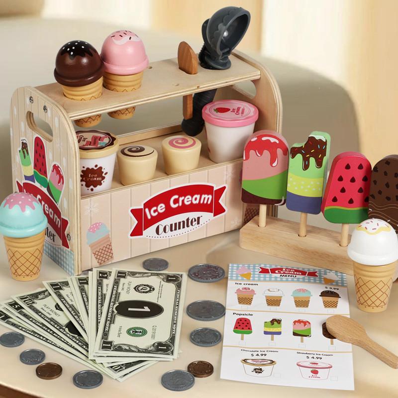 Wooden Pretend Kids Ice Cream Shop Playset With Natural Finish For Birthday Gift