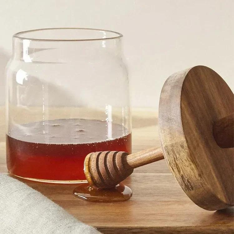 High-quality Glass Honey Pot Jars Container Organizer Transparent Honey Dipper Stick and Jar Sets with Wooden Lid Kitchen Items