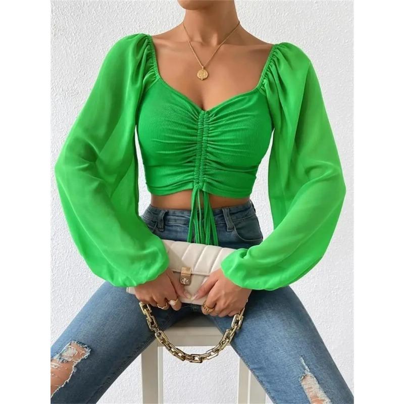 Ladies Blusas Summer Short Tshirt Woman Clothes Long Sleeve T Shirt Sexy V-neck Women T Shirt Casual Drawstring Crop Tops Tee