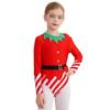 Kids Dance Leotard Christmas Costume Long Sleeve Stripes Brass Bells Belt Athletic Wear