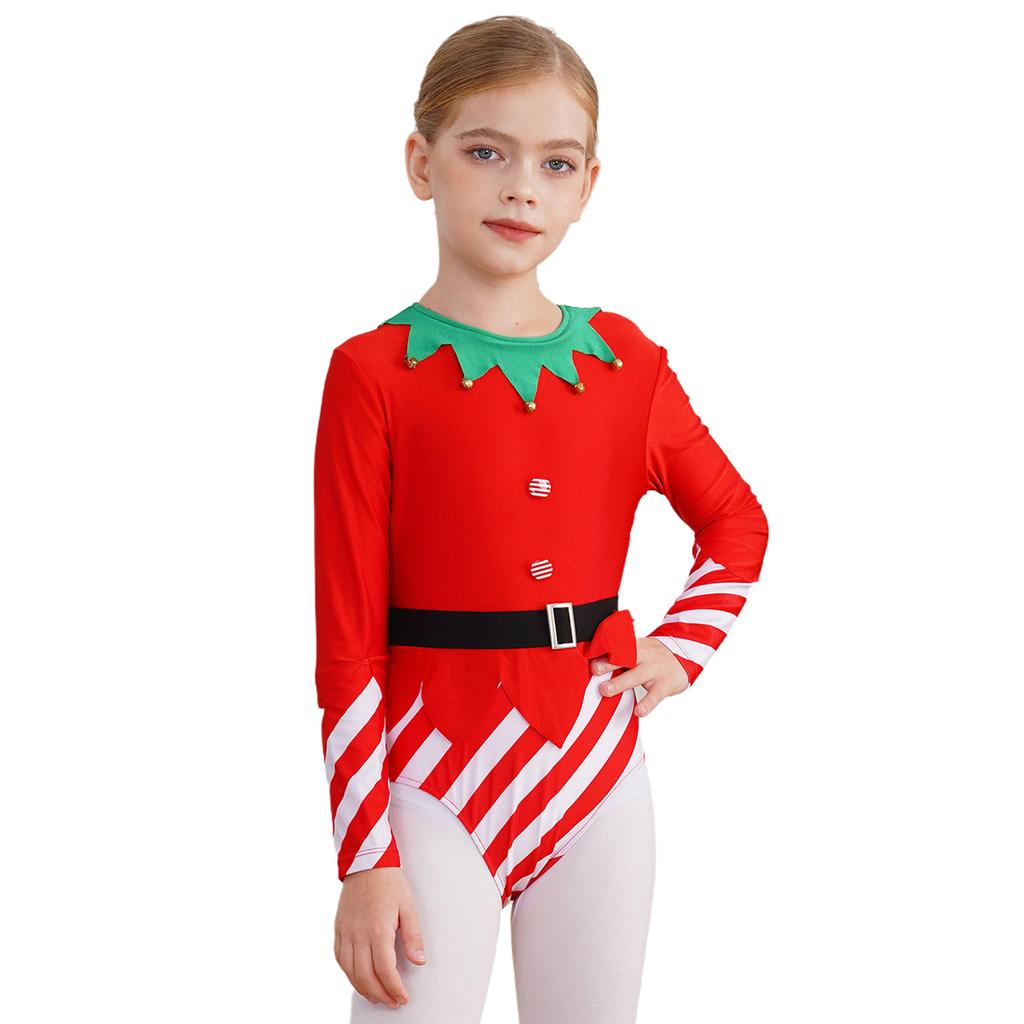 Kids Dance Leotard Christmas Costume Long Sleeve Stripes Brass Bells Belt Athletic Wear