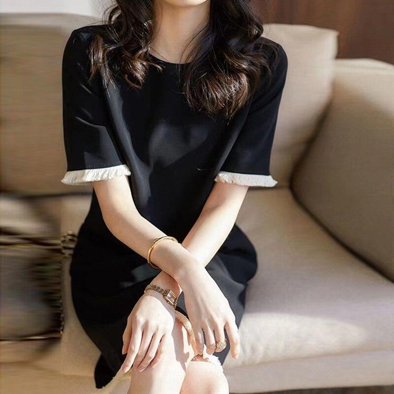 Черное платье во французском стиле для женщин с коротким рукавом, летняя мода, повседневное свободное платье до колена с круглым вырезом, однотонные платья Vestidos 25955