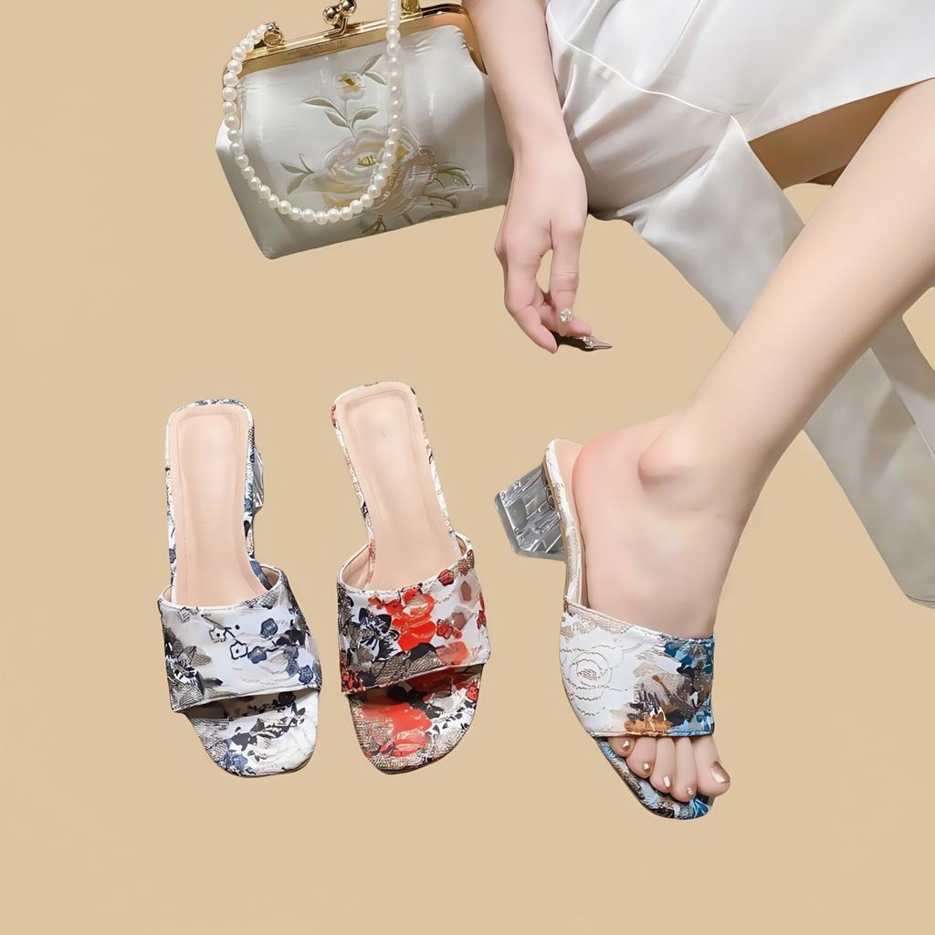 Мода Ретро Национальный Стиль Тренд Высокие Каблуки Женские Шлепанцы Обувь Массивные Сандалии Женские Летние Открытый Носок Вьетнамки Прозрачные Модные Слайды