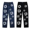 Flower Print Kanye Jeans Pants Streetwear Retro Casual Men and Women Denim Trousers