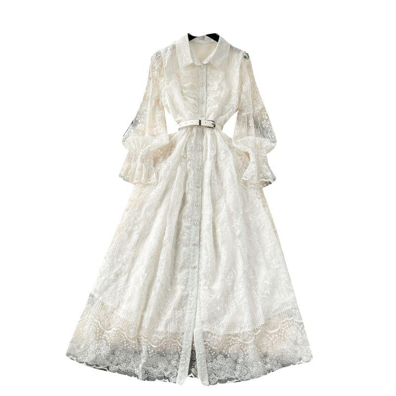 Retro Machine Embroidery Silm Long Lace Dress