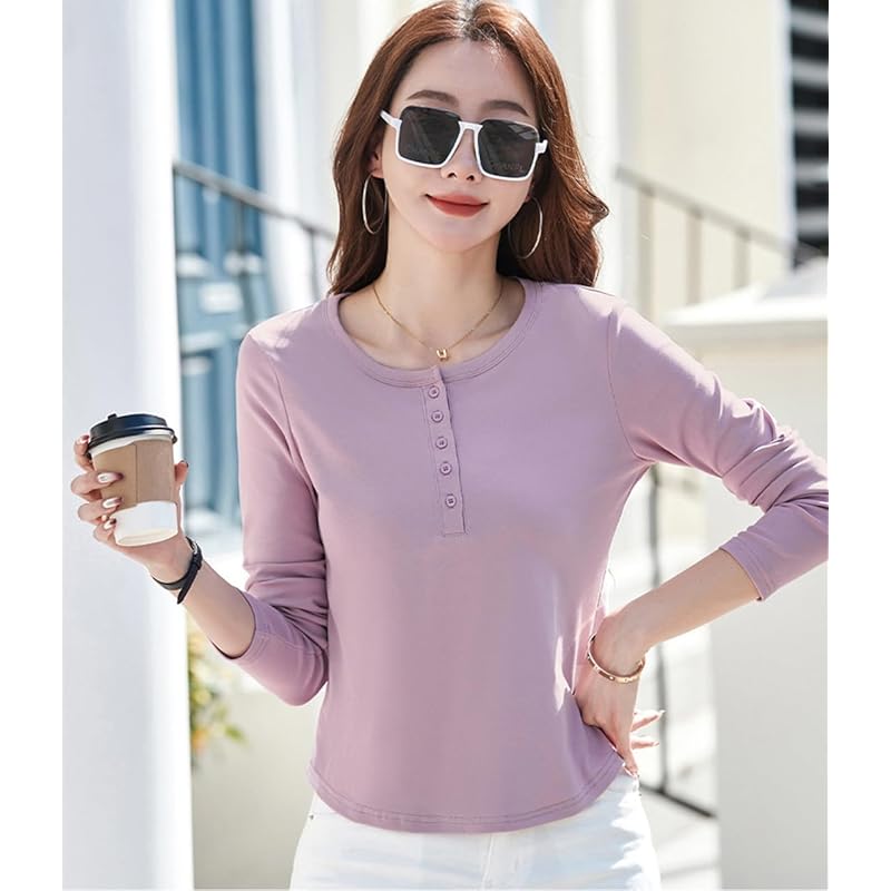 [JHIJSC] t-shirt ladies long sleeve spring cotton tight Plain color Fashionable cute large size (JP, alphabet, L, pink)