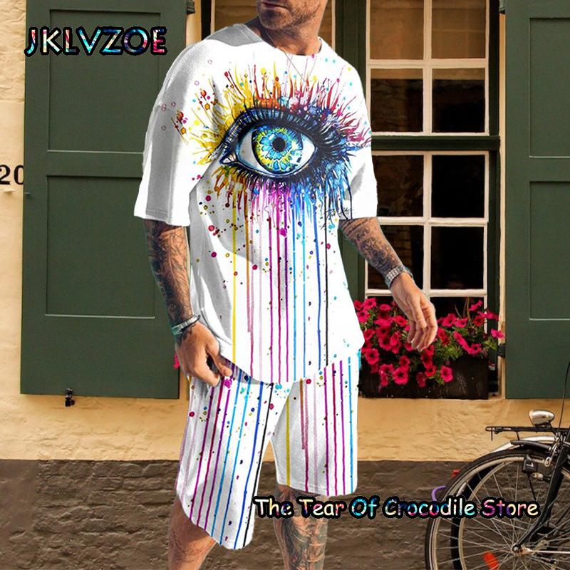 Новые модные летние мужские комплекты для бега, футболка с короткими рукавами, шорты, мужской спортивный костюм, толстовка с 3D принтом и забавным лицом, одежда