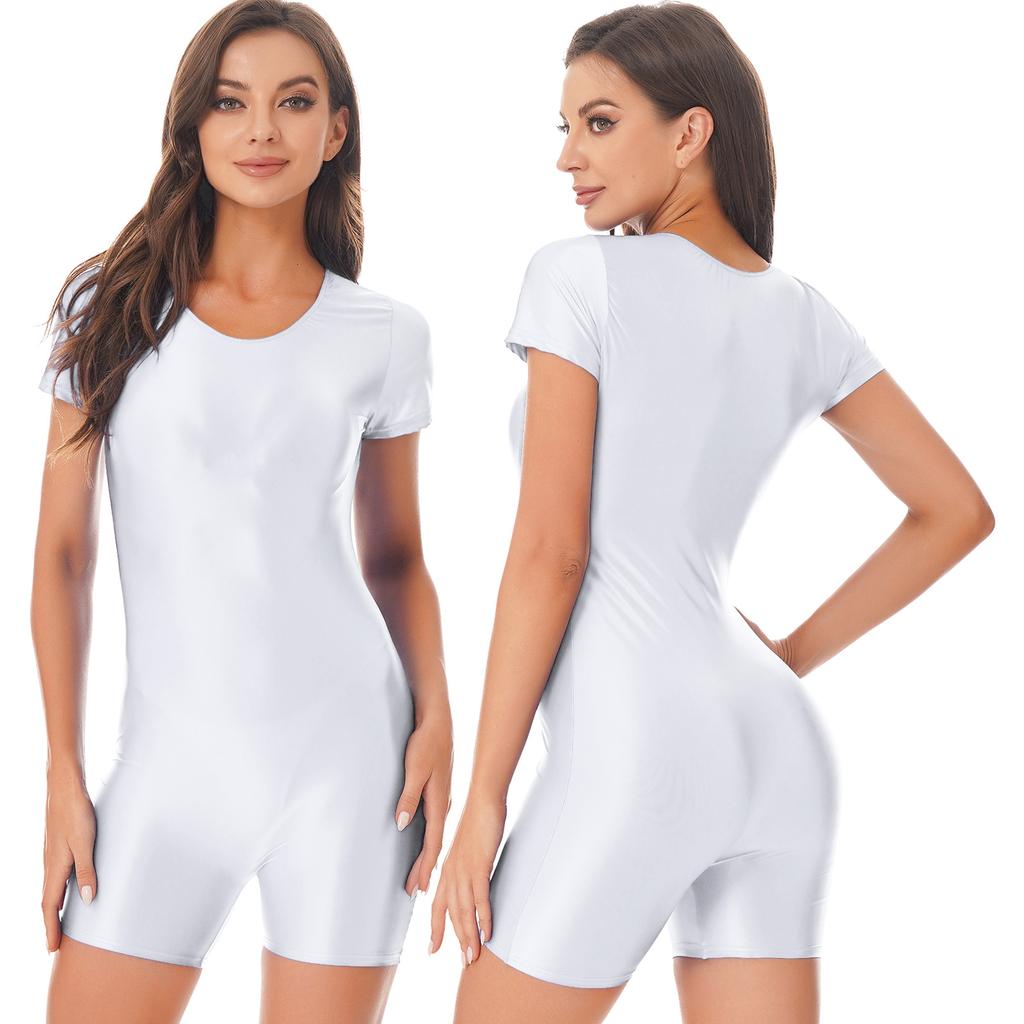 Женский глянцевый комбинезон для плавания с коротким рукавом, цельный купальник, шорты, комбинезон