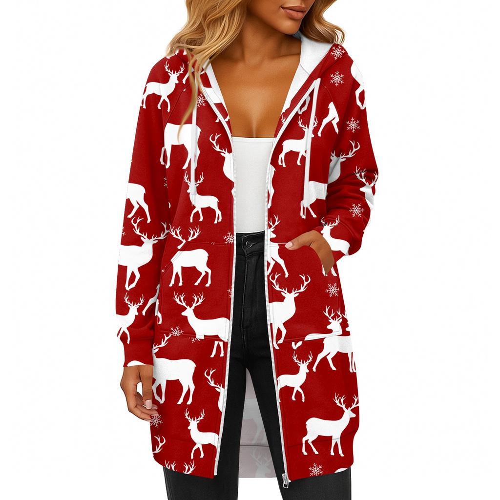 Women's Fashionable Christmas Printed Long Sleeved Drawstring Hooded Zipper Pocket Long Casual Sweatshirt Jacket