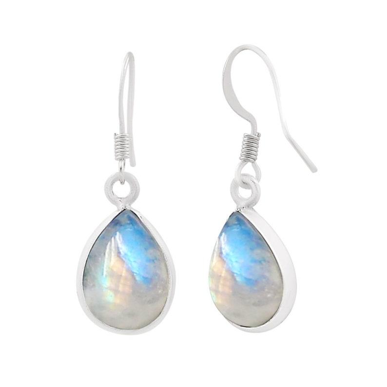 Серьги с радужным лунным камнем, серьги с кабошоном в виде груши, серьги с подвесками из серебра 925 пробы, ювелирные изделия ручной работы, серьги с ободом