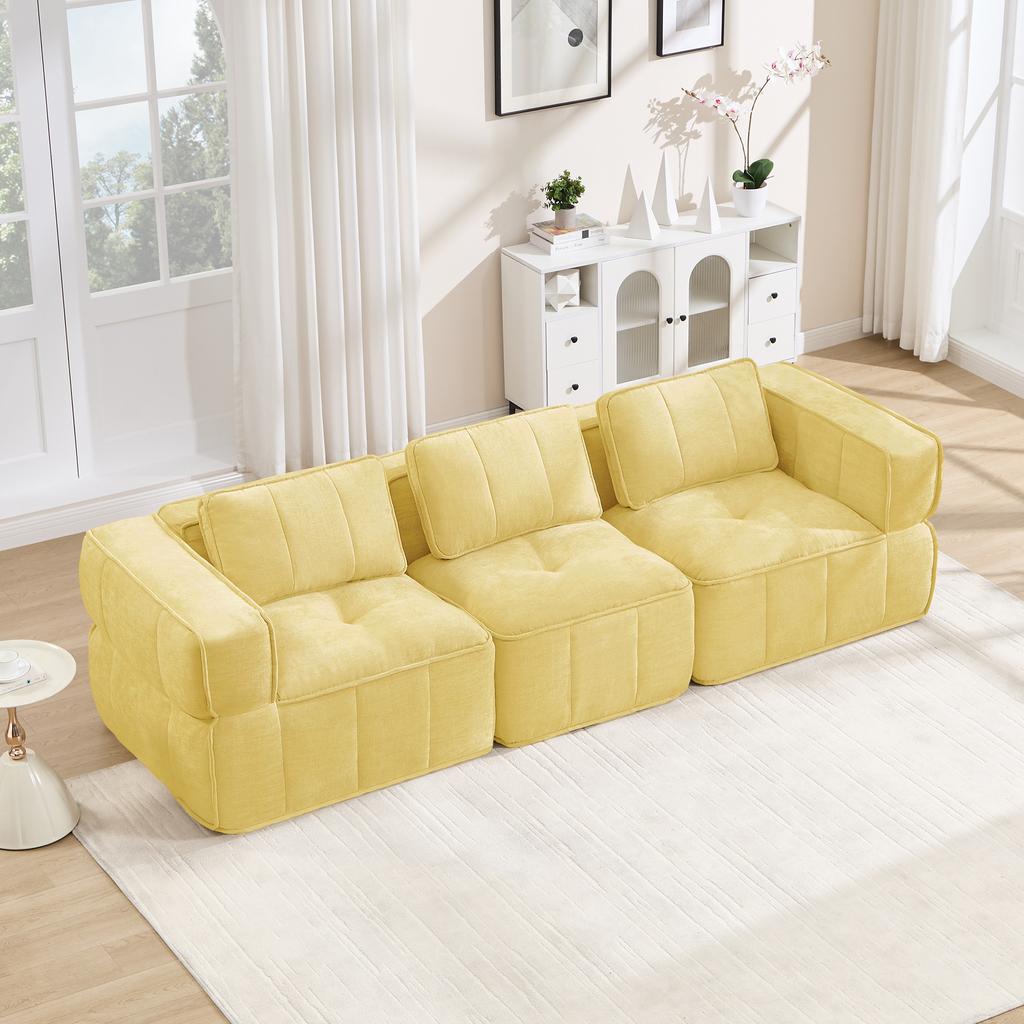 Modular 3-Seater Sofa, Support-Free Design, 32D High-Density Foam, Comfortable Fabric, Non-Slip Design, No Assembly Required, Yellow.