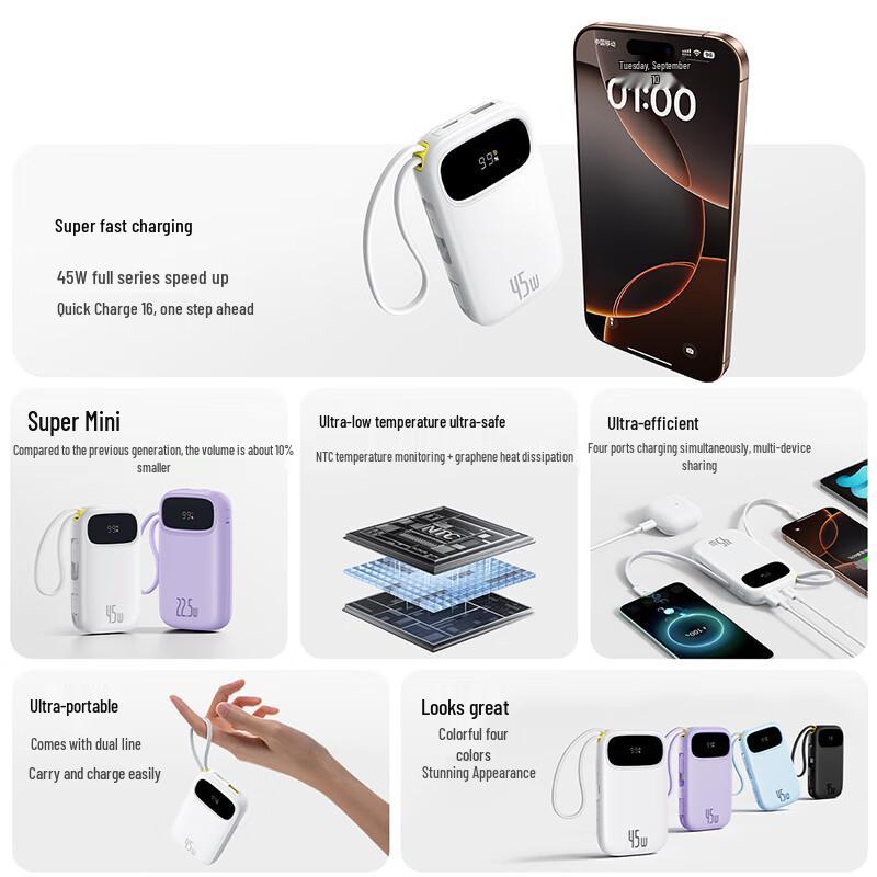 BASEUS 10000mAh 45W Portable Power Bank with Dual Built-in Type-C Cables
