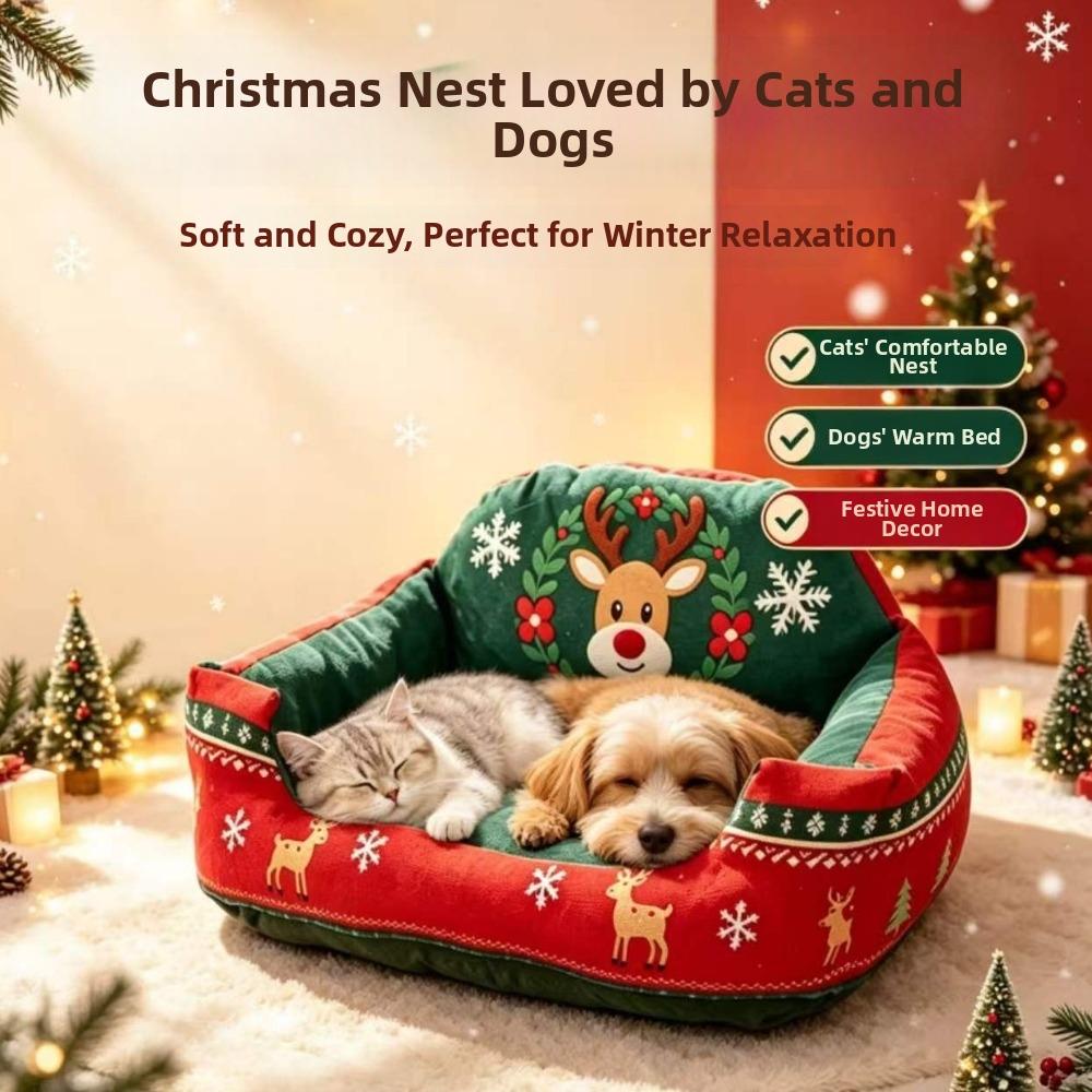 Washable Christmas Pet Sofa Bed Soft Plush Pet Sleeping Bed Pet Sofa Couch Warm Cat House Festival