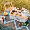 SOTECH Outdoor Travel Tea Set, Modern Chinese Tea Set with Elegant Ceramic Teapot, Teacups with Wooden Coasters, Glass Tea Tin, and Wooden Arm Metal