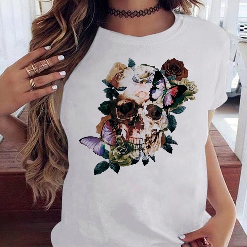 Maycaur Fashion Skull Flower Print Женская футболка Летняя повседневная женская футболка с коротким рукавом и круглым вырезом в стиле 90-х годов, женская футболка, топы