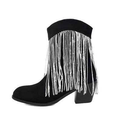 Черные женские полусапоги с кисточками, средний каблук, большой размер 46