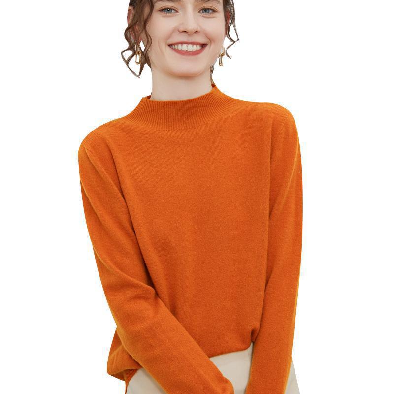 Осенне-зимний женский свитер с высоким воротником, свитер из 100% чистой шерсти, свободный тонкий свитер, однотонная нижняя рубашка с длинными рукавами