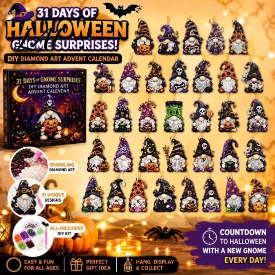 Halloween Advent Calendar 31 Days of Gnome Rhinestone Painting Calendar DIY Decoration Crafts Kit Handmade Art Ornaments with Bead Tools for Holiday