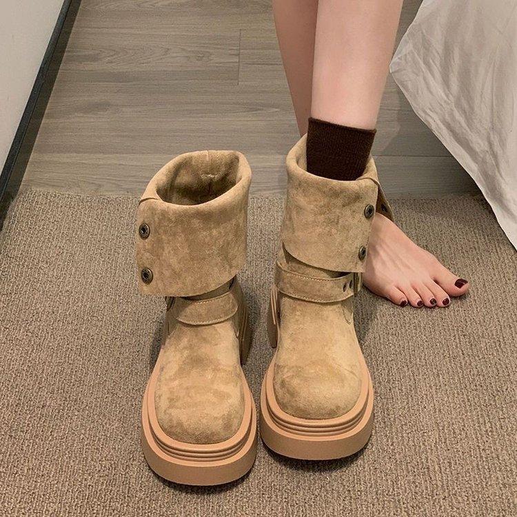 Two wear Ladd retro platform short boots, new fashionable medium tube solid color Martin boots, women's versatile and comfortable women's shoes
