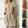 2023 Summer Cotton Linen Loose Round Neck Short Sleeve Solid Color Dress