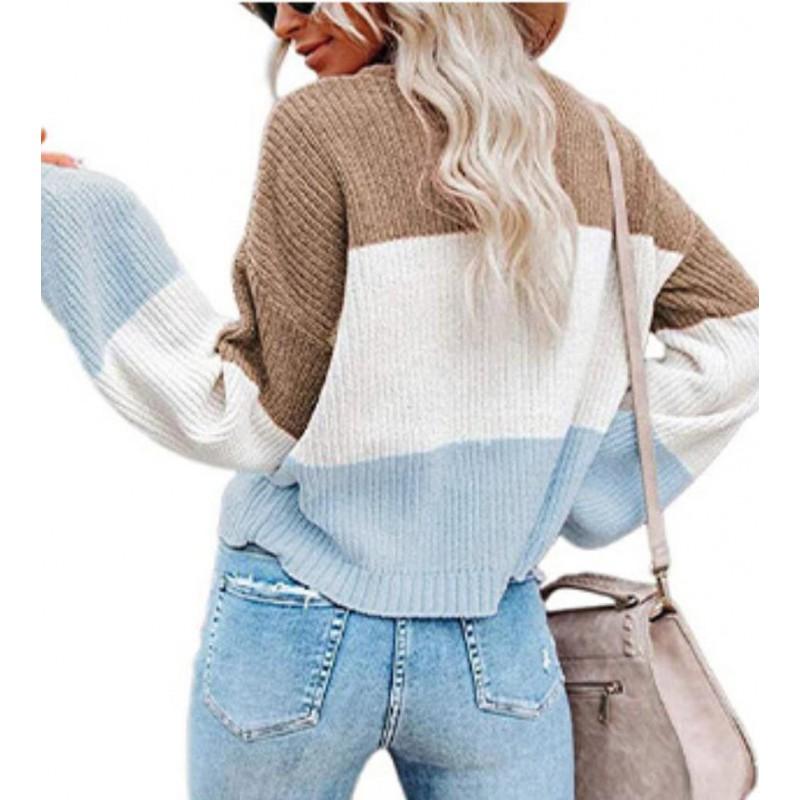 Womens Winter Loose Knit Sweater With Color Block Lantern Sleeves Round Neck Long Sleeve