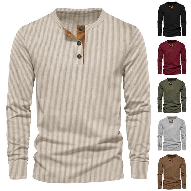 Men Solid Color Slim Fit Casual Corduroy Long Sleeve T Shirt