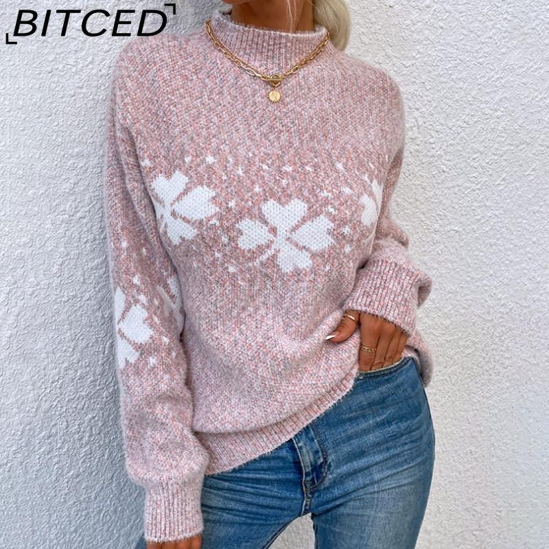 BITCED Fall/Winter Christmas Sweater Casual Women's Half-High Neck Snowflake Knit Top