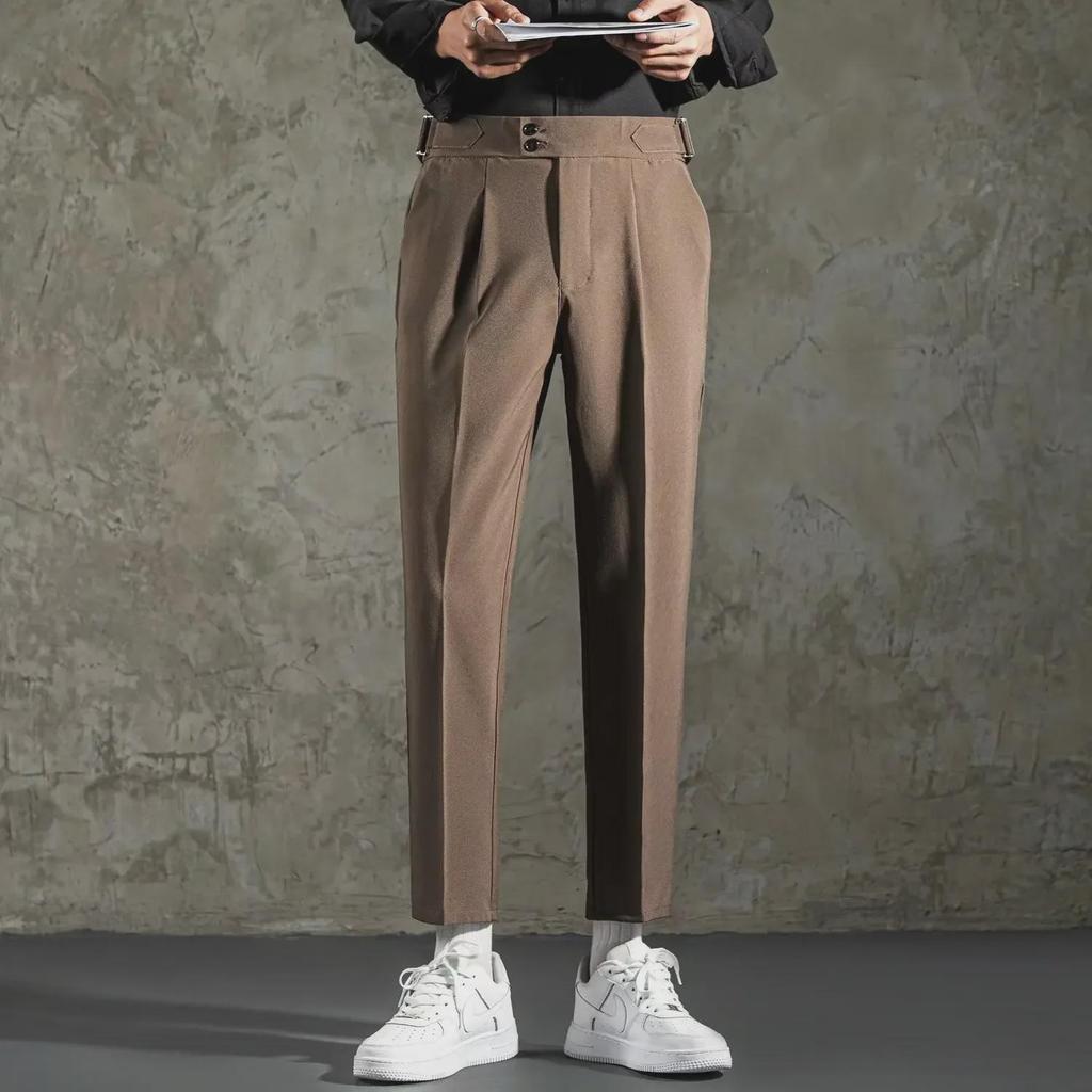 Men's Casual Loose Fit High-Waist Suit Pants - Spring & Autumn, Italian-Style, Nine-Point Length