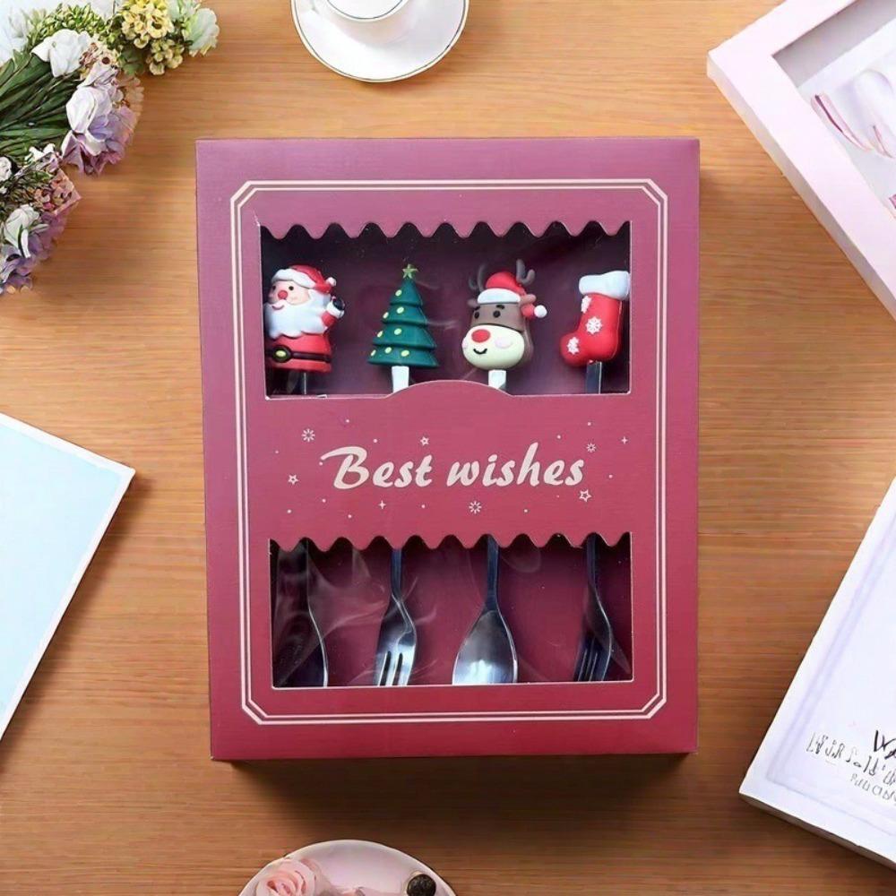 4/6pcs Gold Silver Spoon Fork Set Merry Christmas Coffee Tea Spoon Dessert Fork  Birthday Gift