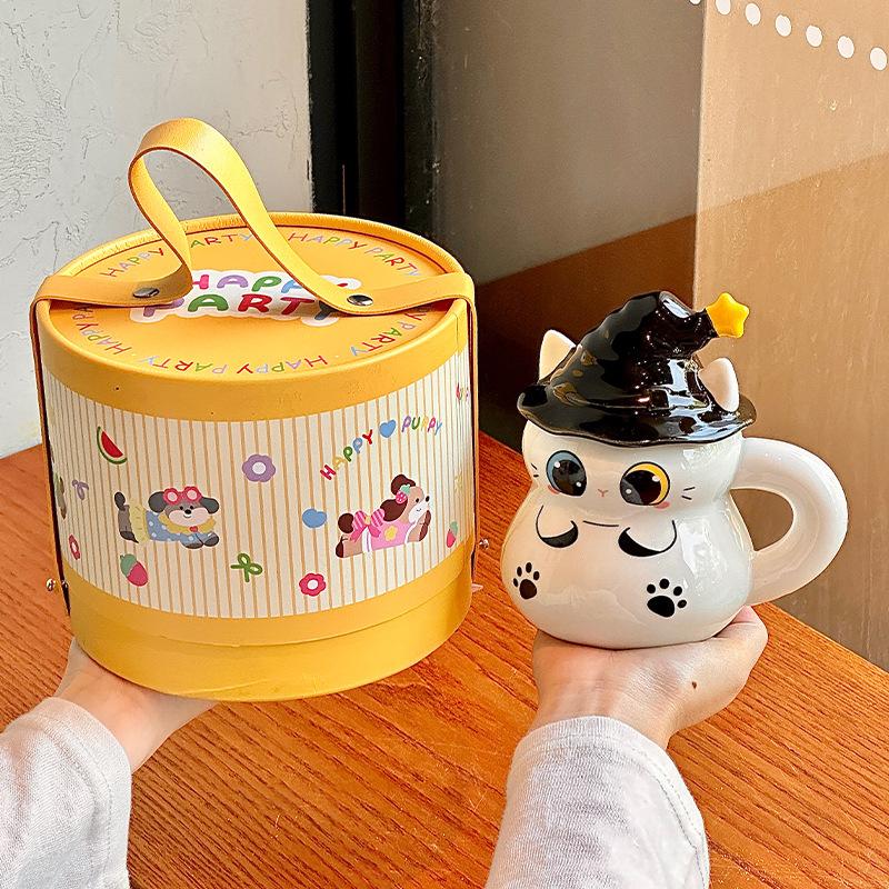 Halloween Magic Hat Cat Water Cup Ceramic Mug with Lid for Girl Girlfriend Birthday Gift Gift Box
