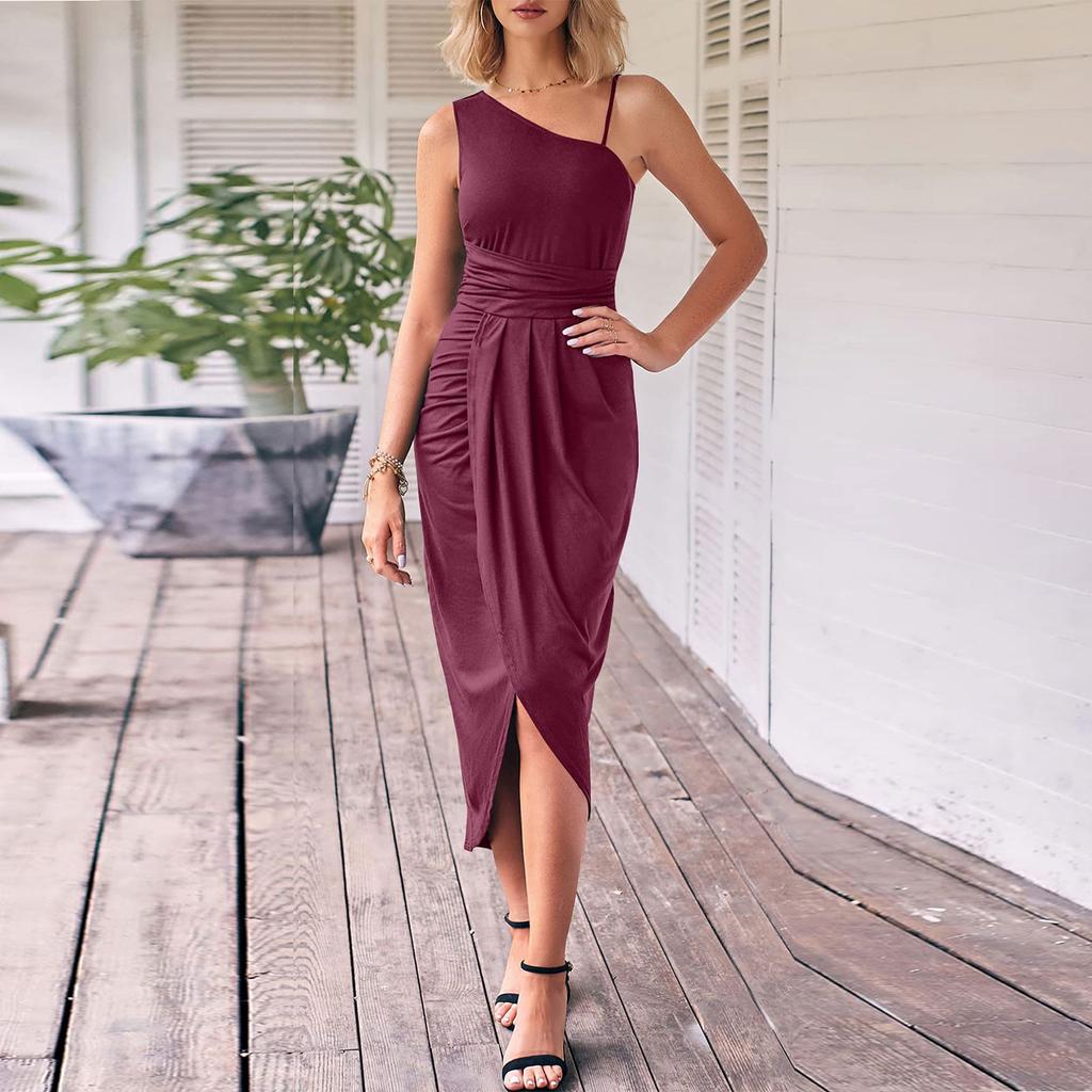 Женское сплошное цветное сексуальное вечернее платье макси с разрезом на одно плечо