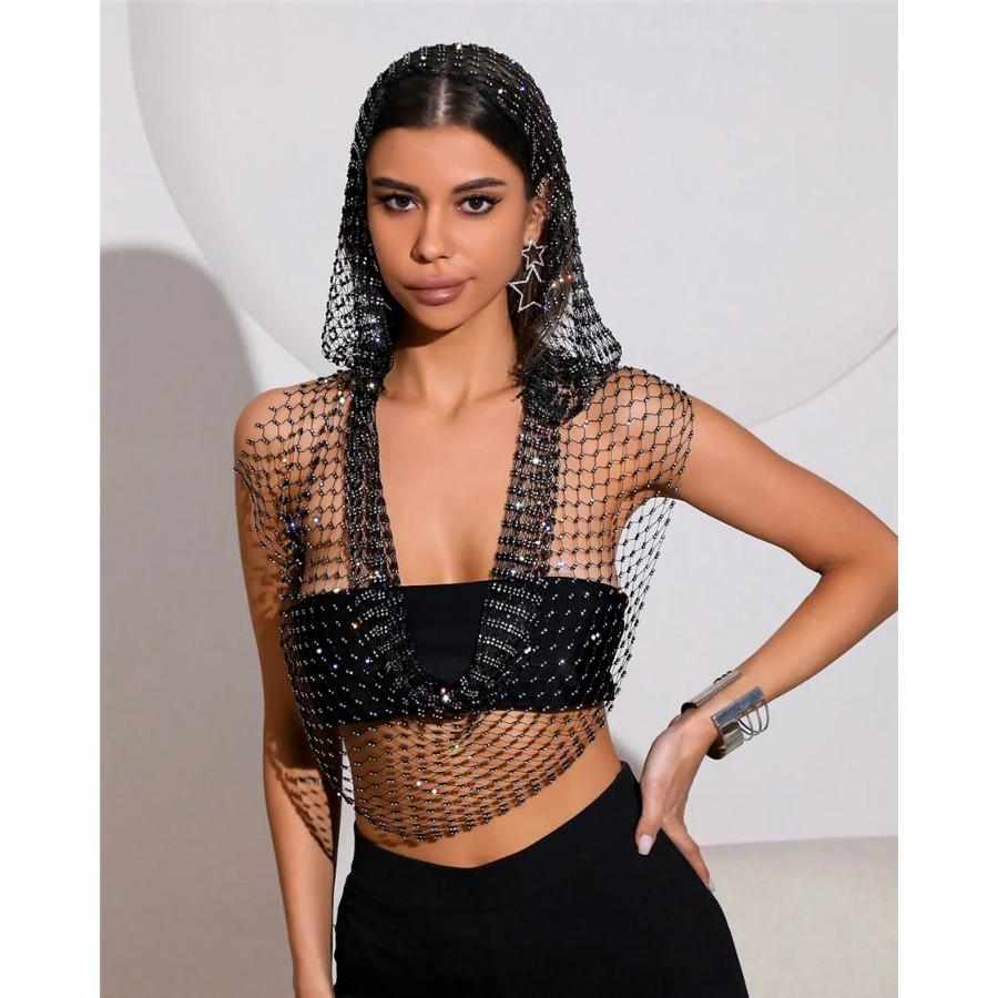 Sexy Deep V Neck Backless Camisole For Women Shiny Rhinestone Hollow See Through Fishnet Hooded Tank Top Rave Festival Crop Tops