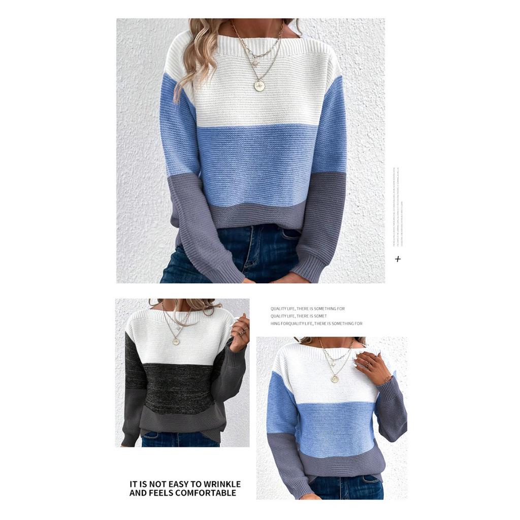 Autumn and Winter Knitted Sweater Women's Contrasting Color Spliced Round Neck Long Sleeved Pullover Top