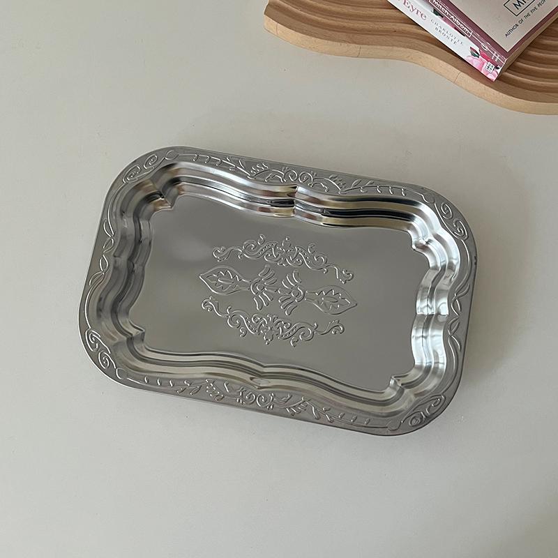 Винтажный поднос из нержавеющей стали, сервировочные подносы с цветочным тиснением для десерта, прямоугольная тарелка для хранения ювелирных изделий, инструмент для украшения дома