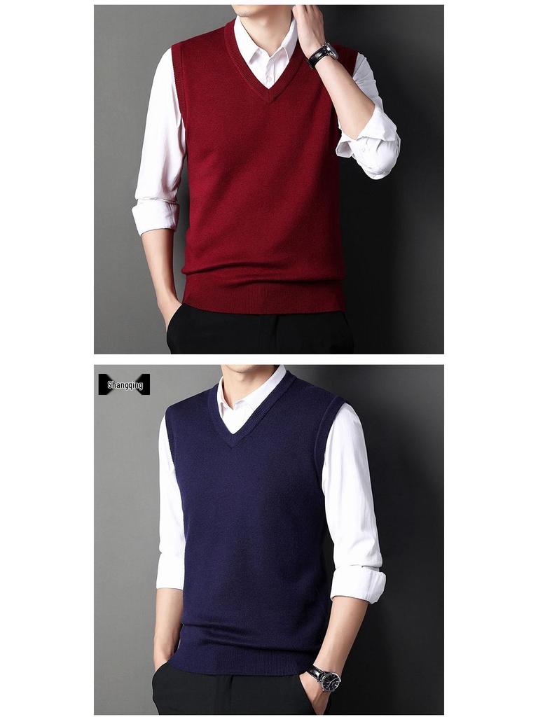 Men's V-Neck Wool Cardigan Vest - Autumn/Winter Cashmere Knit Sweater for Dad