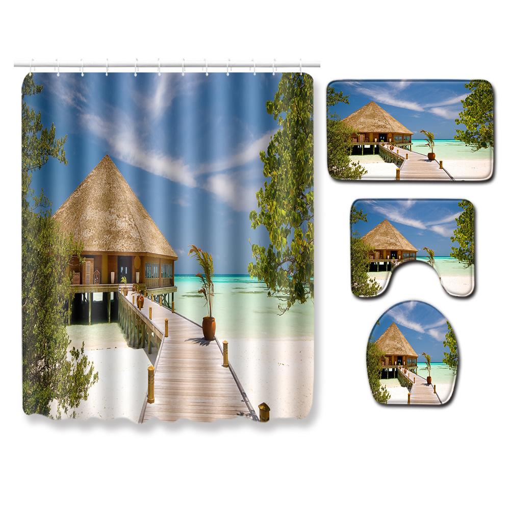 Landscape Shower Curtain Floor Mat Combination Four-Piece Set Bathroom Toilet Carpet Shower Room Mat Foot Mat