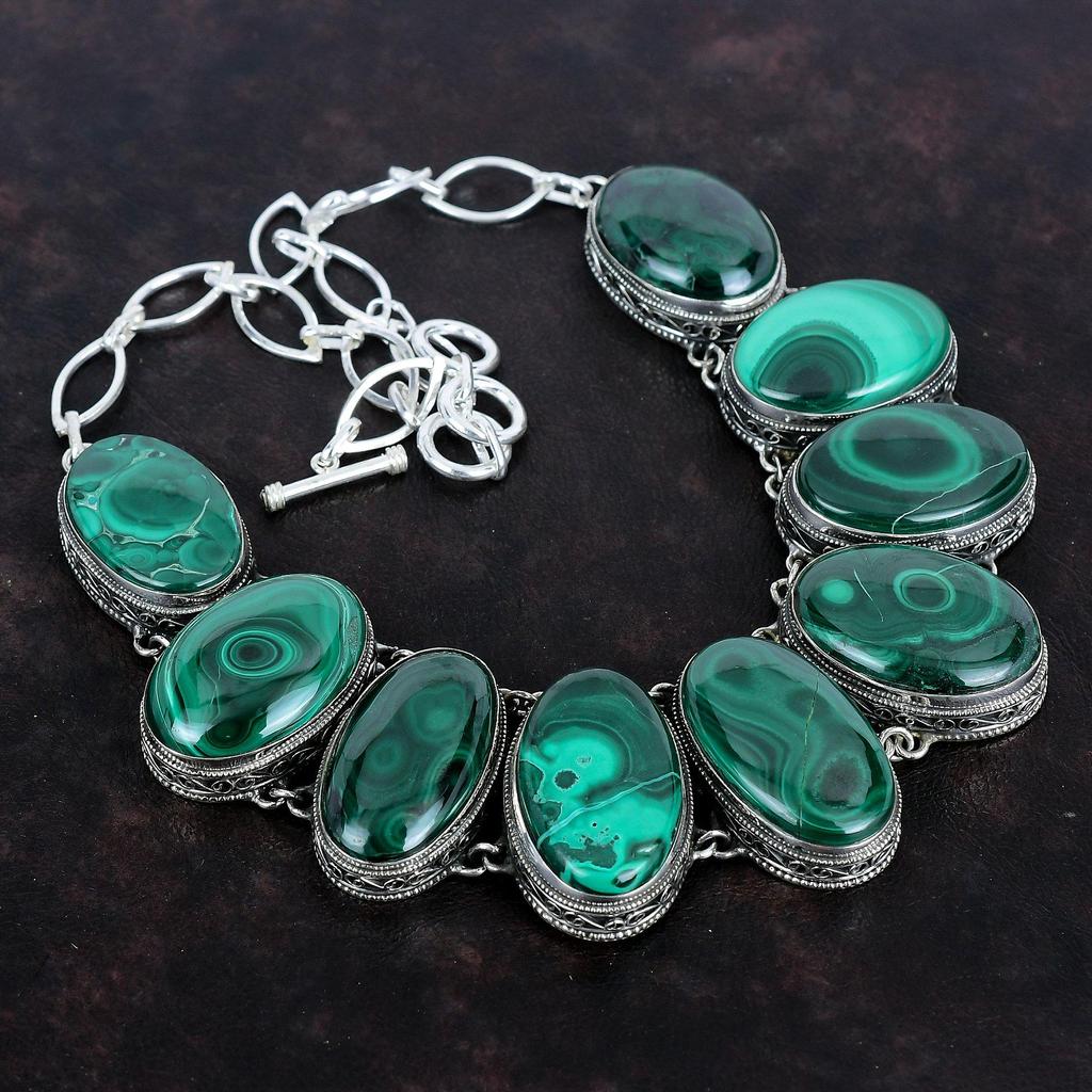 Malachite Necklace Genuine Gemstone Jewelry Vintage Necklace 925 Sterling Silver Necklace Handmade Adjustable Chain Necklace Gifts For Women