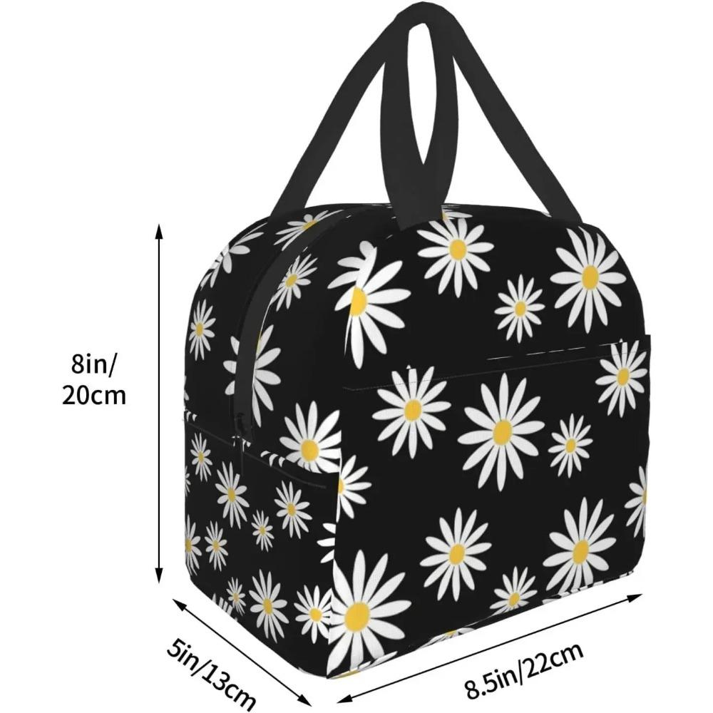 Черная сумка для ланча с цветком ромашки, маленькая термоизолированная коробка для ланча с передним карманом, кавайные сумки для ланча для девочек и мальчиков, замораживаемая коробка бенто