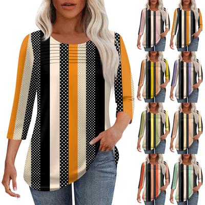 Женская мода круглый вырез шея плиссированная передняя планка однотонный топ рукав 3/4