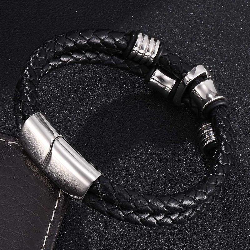 Punk Skull Genuine Leather Bracelet For Men Double Layer Woven Bracelet Charm Buckle Men Bracelets Bangles
