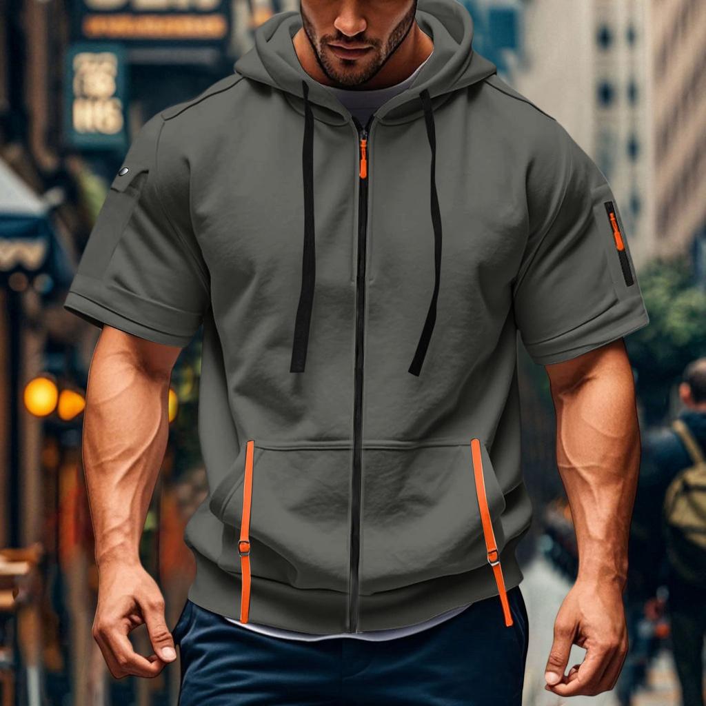 Men's Casual Short-sleeved Sweatshirt. Loose And Breathable Solid-color Sweatshirt Jacket With Multiple Pockets And A Zipper.