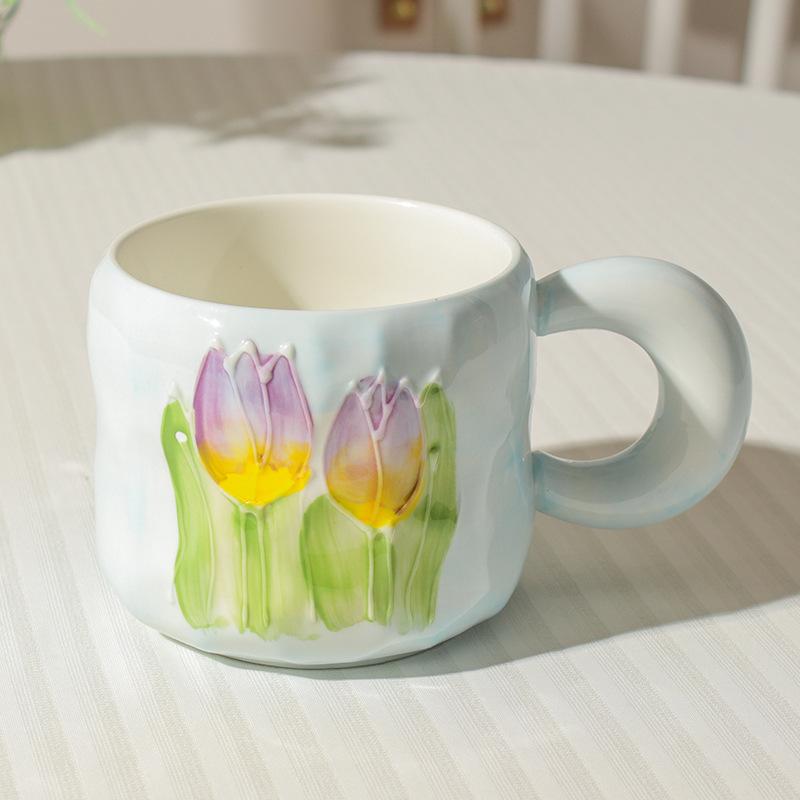 Высокоценная чашка-тюльпан в стиле инс для девочек, милая керамическая кружка с крышкой и ложкой, парная, для дома, для кофе