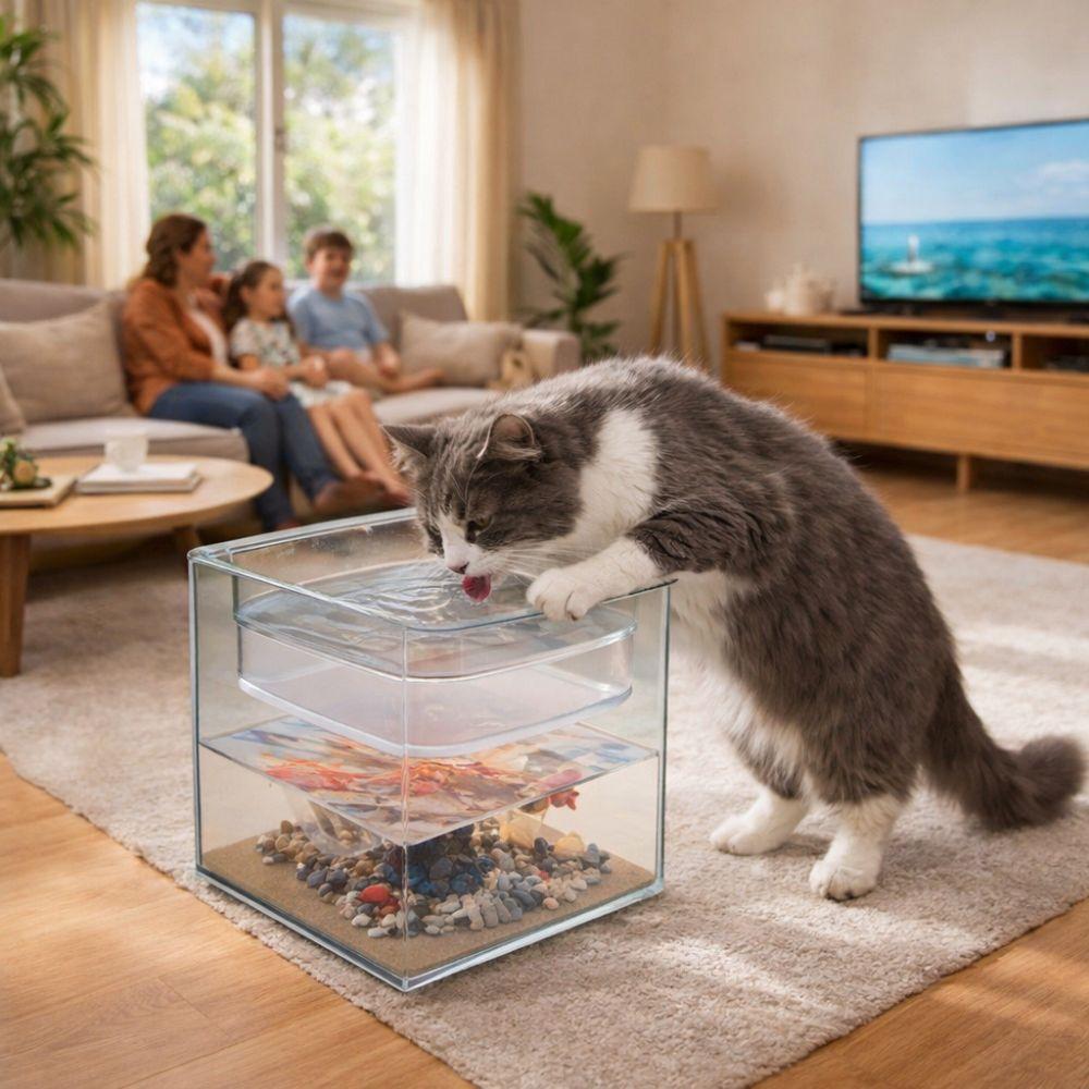 Cube Double-layer Fish Tank Plastic Cat Drinking Bowls Goldfish Tanks Landscape Ecological