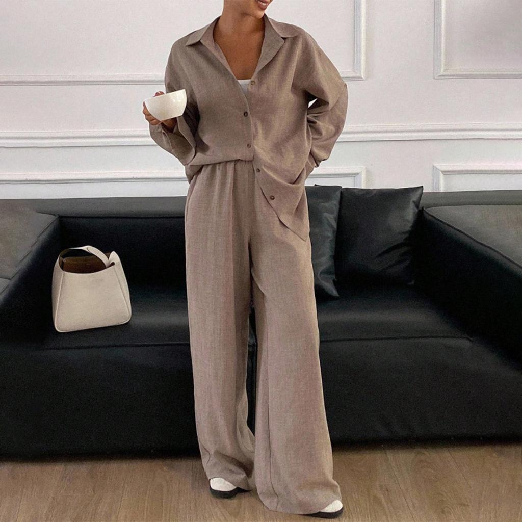 Женский повседневный костюм свободного кроя, хлопковая и льняная рубашка с длинным рукавом, брюки, комплект из двух предметов